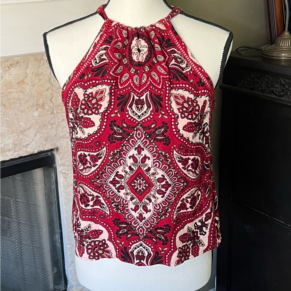 Idyllwind Red and White Halter Bandana Print Tank Top, XS